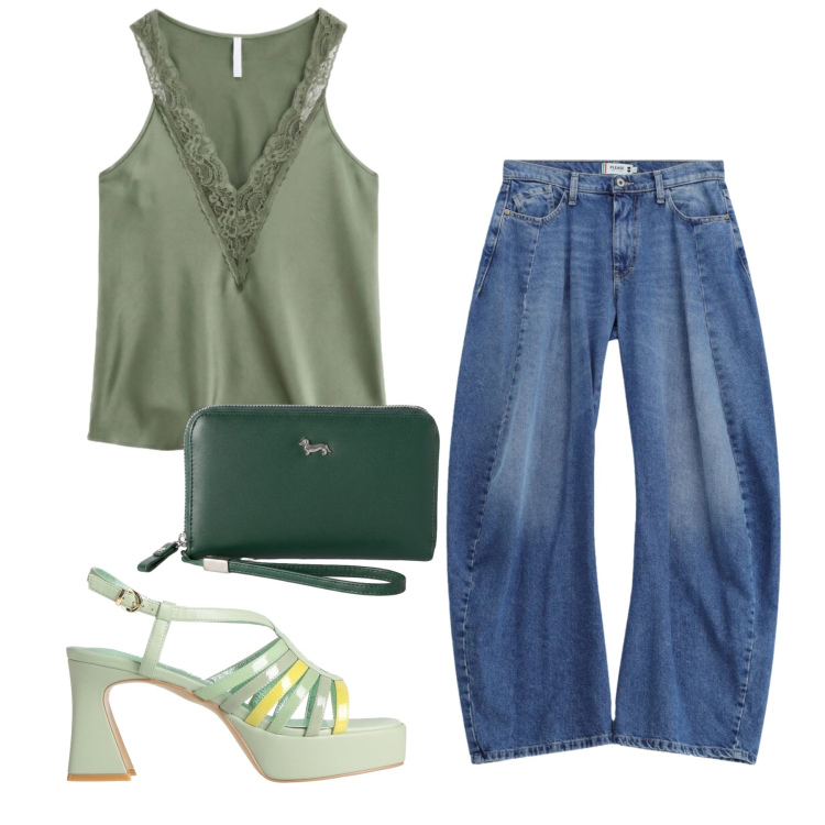 Outfit donna - Plateau. Stile Casual chic per Tutti i giorni. Abbinamento con sandali in pelle, portafogli, canottiere, jeans.