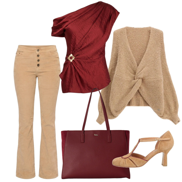 Outfit donna - Cammello e bordeaux. Stile Casual chic per Tutti i giorni. Abbinamento con décolleté, shopping bag, cardigans, pantaloni, top.