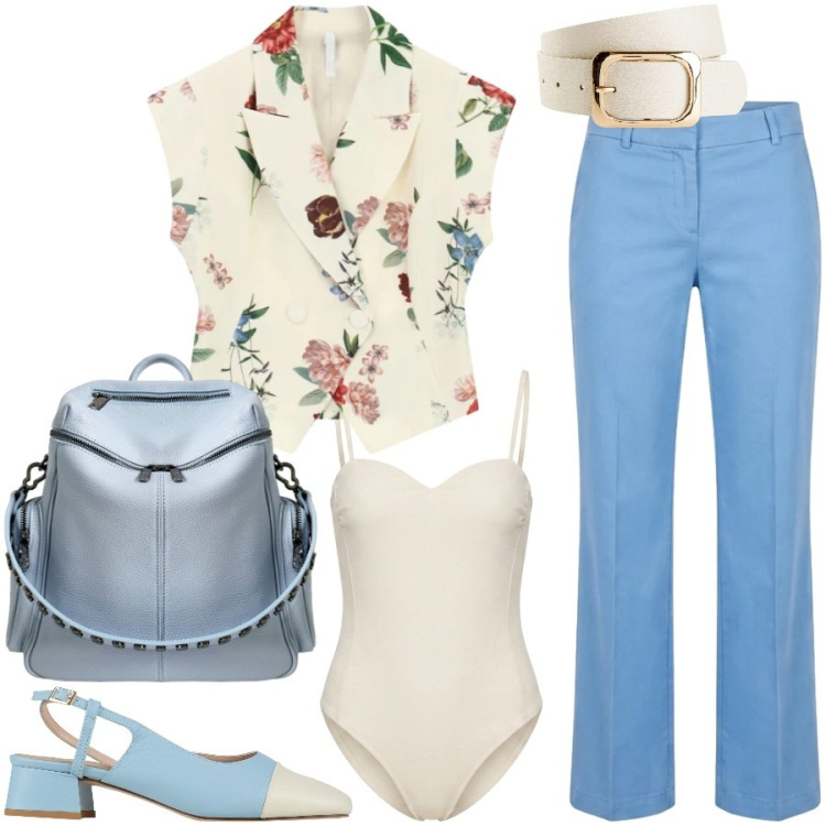 Outfit donna - Aperitivo a mezzogiorno. Stile Chic per Tutti i giorni. Abbinamento con décolleté, cinture, pantaloni, gilet, zaini, body.