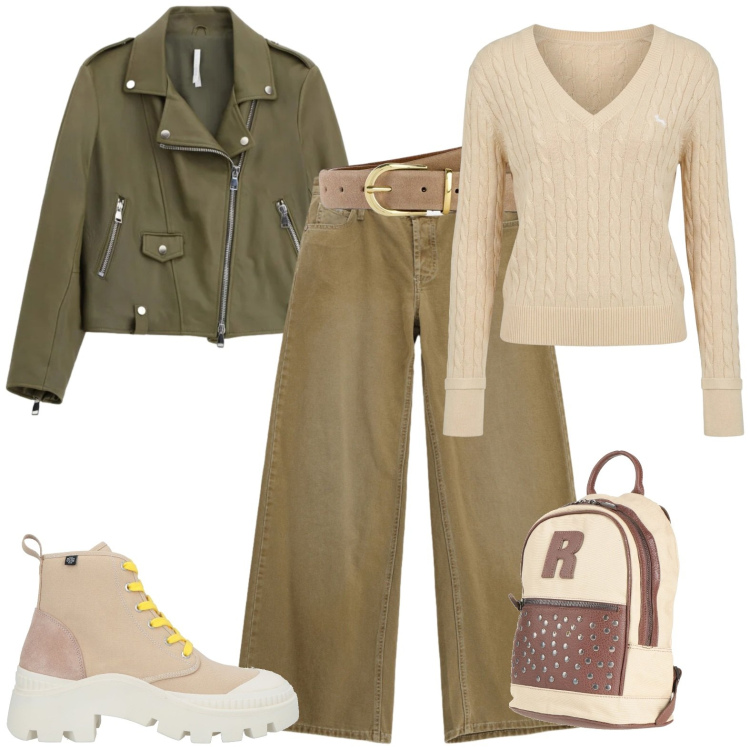 Outfit donna - Sporty. Stile Casual per Tutti i giorni. Abbinamento con stivaletti, zaini, cinture, pullovers, giacche, pantaloni a palazzo.