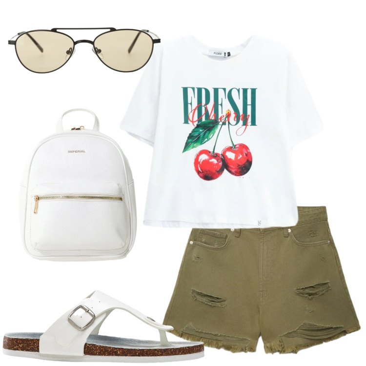 Outfit donna - Cherry Fresh: Il tuo look estivo. Stile Casual per Tutti i giorni. Abbinamento con infradito, occhiali da sole, zaini, shorts, cinture, t-shirt.