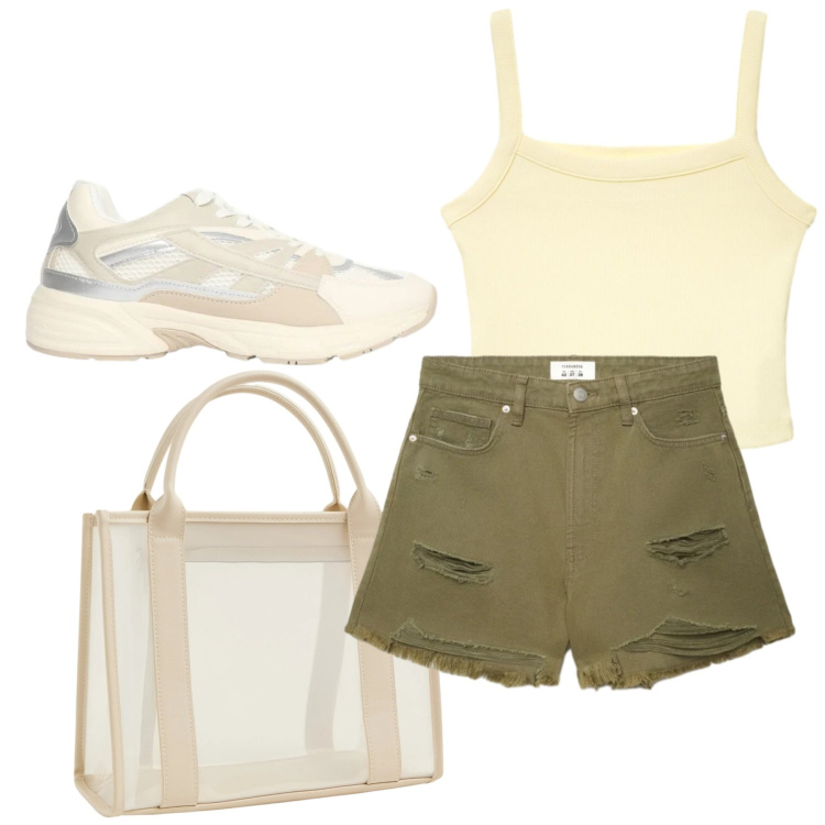 Outfit donna - Infinity summer. Stile Casual per Tutti i giorni. Abbinamento con borse tote, shorts, sneakers, canottiere.