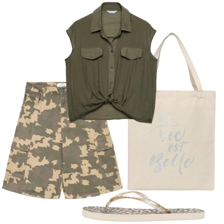 Outfit donna - Ancora estate. Stile Casual per Mare. Abbinamento con borse tote, pantaloni corti, infradito, camicie a manica corta.