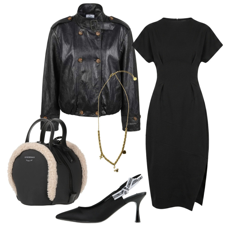 Outfit donna - Black is back. Stile Glamour per Serata fuori. Abbinamento con zaini, décolleté, giacche, ciondoli, vestiti midi/longuette.