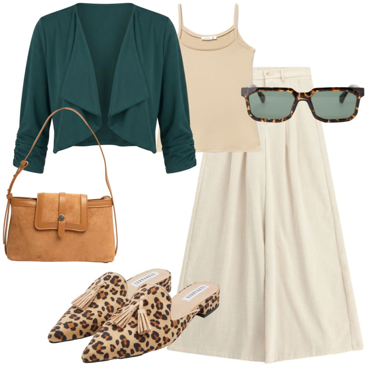 Outfit donna - Aperitivo. Stile Casual chic per Serata fuori. Abbinamento con sabot, canottiere, occhiali da sole, pantaloni a palazzo, borse a tracolla, blazer.