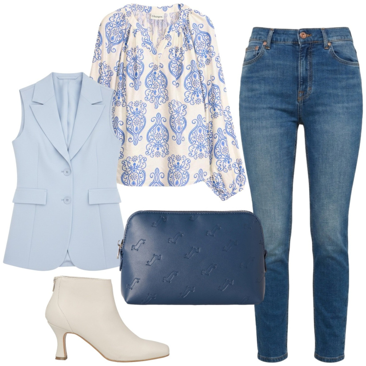 Outfit donna - Total look #2456964. Stile Casual per Tutti i giorni. Abbinamento con stivaletti, bluse, pochette, jeans, gilet.