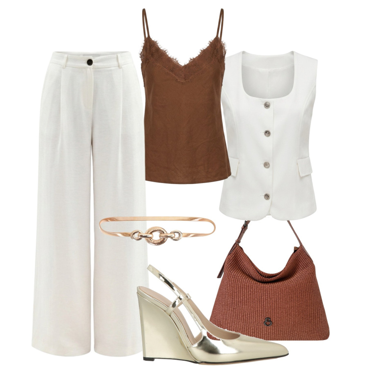Outfit donna - Cena di fine estate al mare. Stile Chic per Serata fuori. Abbinamento con décolleté, pantaloni a palazzo, gilet, cinture, borse a spalla, top.