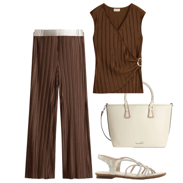 Outfit donna - Cena vista mare focus curvy. Stile Glamour per Serata fuori. Abbinamento con canottiere, sandali, pantaloni a palazzo, shopping bag, cinture.