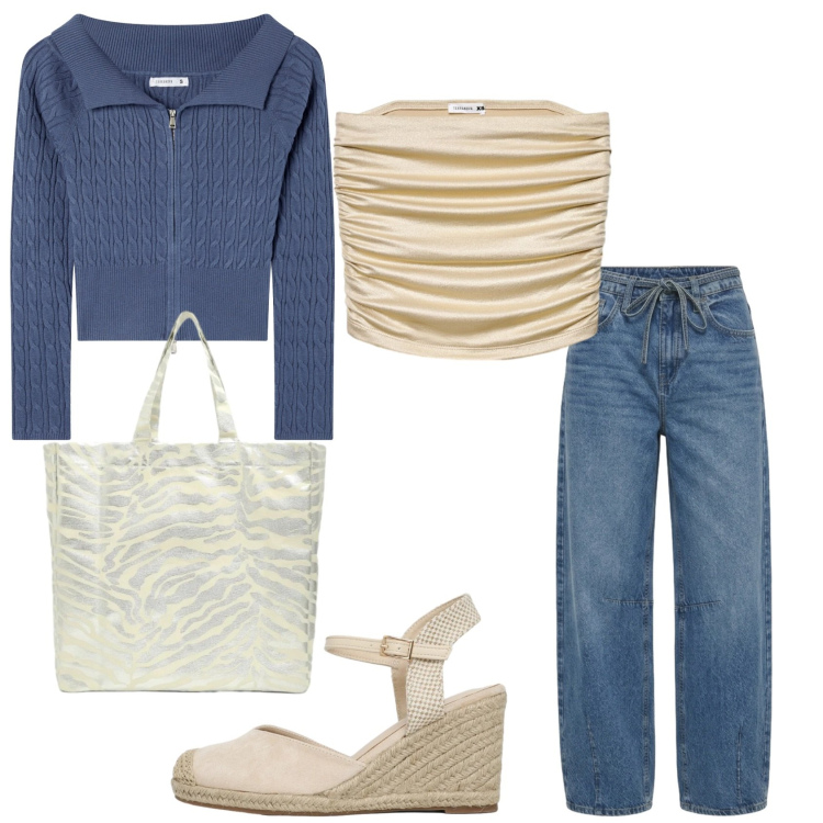 Outfit donna - Total look #2456968. Stile Casual per Tutti i giorni. Abbinamento con cardigans, jeans, shopping bag, zeppe, top.