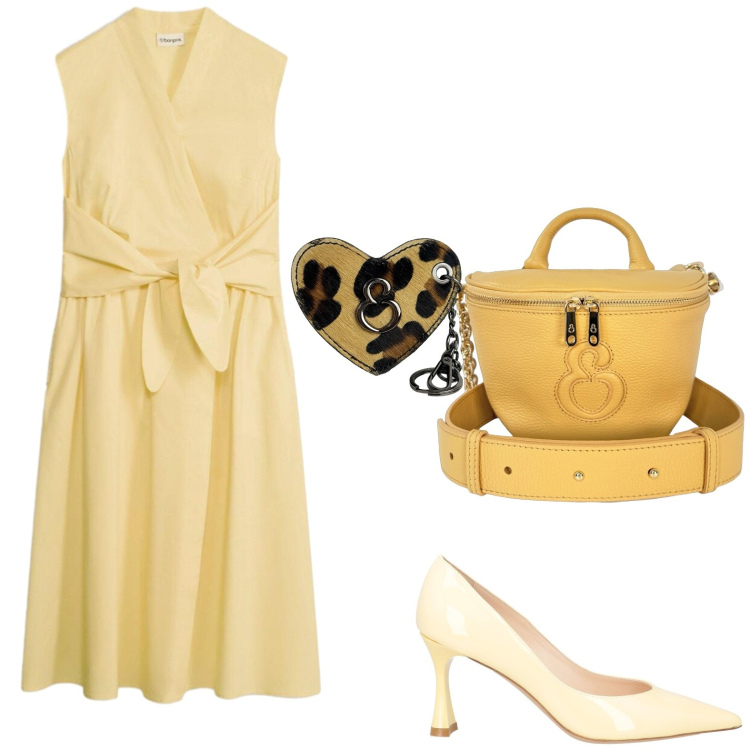 Outfit donna - Estate. Stile Casual chic per Tutti i giorni. Abbinamento con décolleté, vestiti, portachiavi, borse a tracolla.