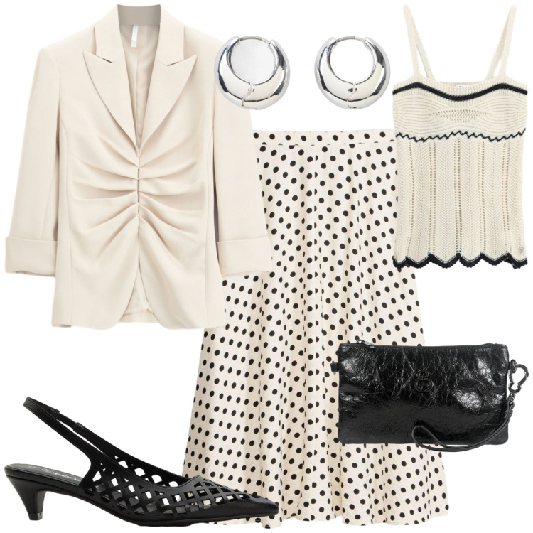 Outfit donna - Festa in famiglia. Stile Chic per Cerimonia. Abbinamento con décolleté, gonne longuette, orecchini, top, blazer, pochette.