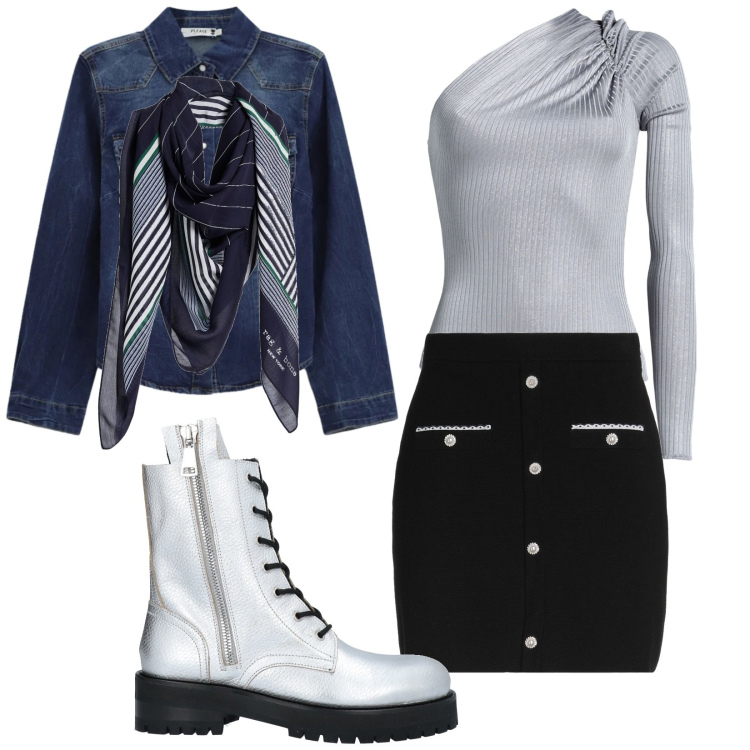 Outfit donna - Total look #2456981. Stile Glamour per Serata fuori. Abbinamento con anfibi, body, sciarpe, minigonne, camicie.