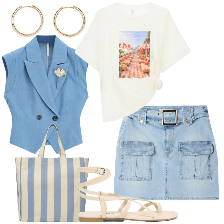 Outfit donna - Casual. Stile Casual per Tutti i giorni. Abbinamento con orecchini, sandali, t-shirt, gilet, minigonne, shopping bag.