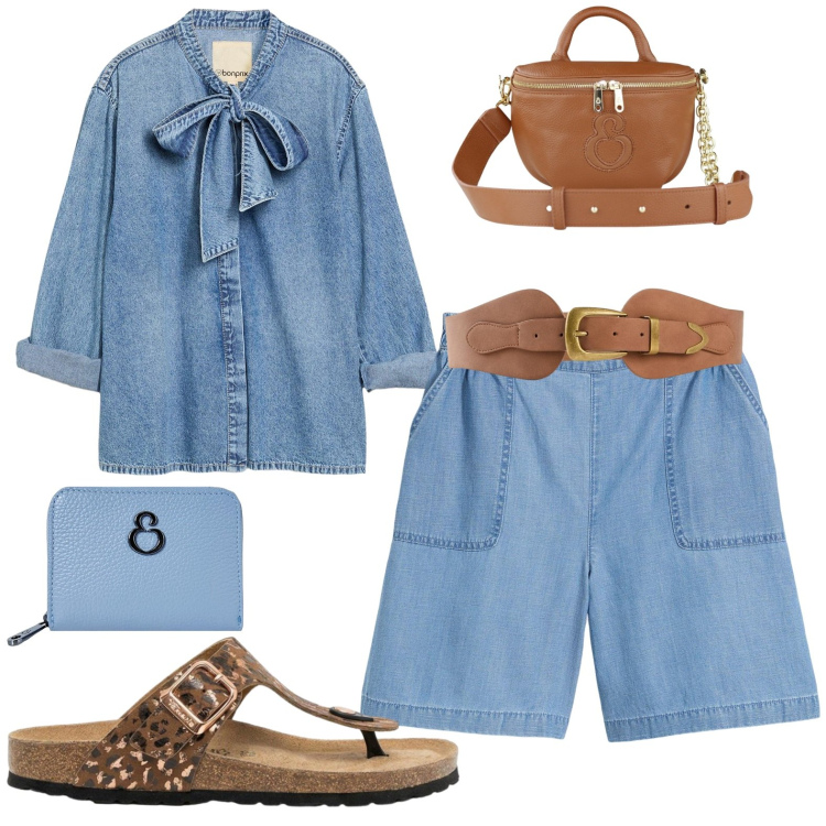 Outfit donna - Denim estate. Stile Casual per Tutti i giorni. Abbinamento con shorts, cinture, camicie, infradito, portafogli, borse a tracolla.