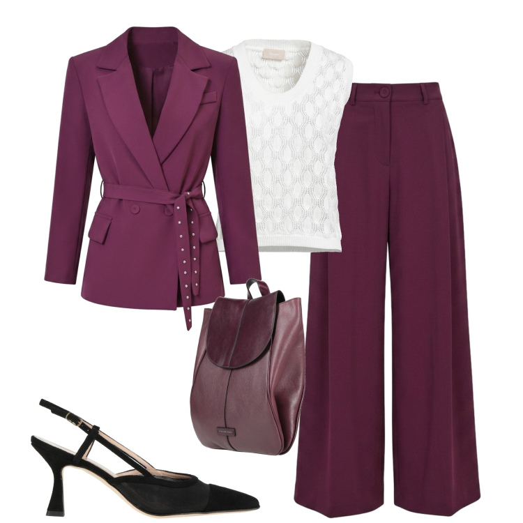 Outfit donna - City. Stile Trendy per Tutti i giorni. Abbinamento con décolleté, zaini, pullovers, blazer, pantaloni a palazzo.