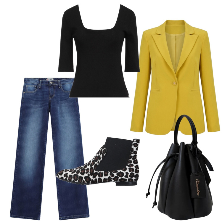 Outfit donna - Beatles maculati. Stile Trendy per Ufficio. Abbinamento con stivaletti chelsea, pullovers, blazer, jeans dritti, borse a secchiello.