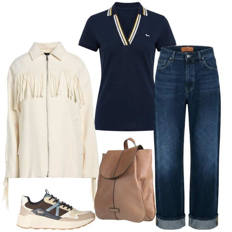 Outfit donna - Assaggio d\'autunno. Stile Sporty chic per Sport. Abbinamento con cappotti, zaini, polo, sneakers, jeans dritti.