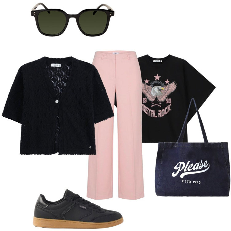 Outfit donna - Rosa ribelle con contrasto. Stile Urban per Tutti i giorni. Abbinamento con sneakers, pantaloni a palazzo, t-shirt, shopping bag, cardigans, occhiali da sole.