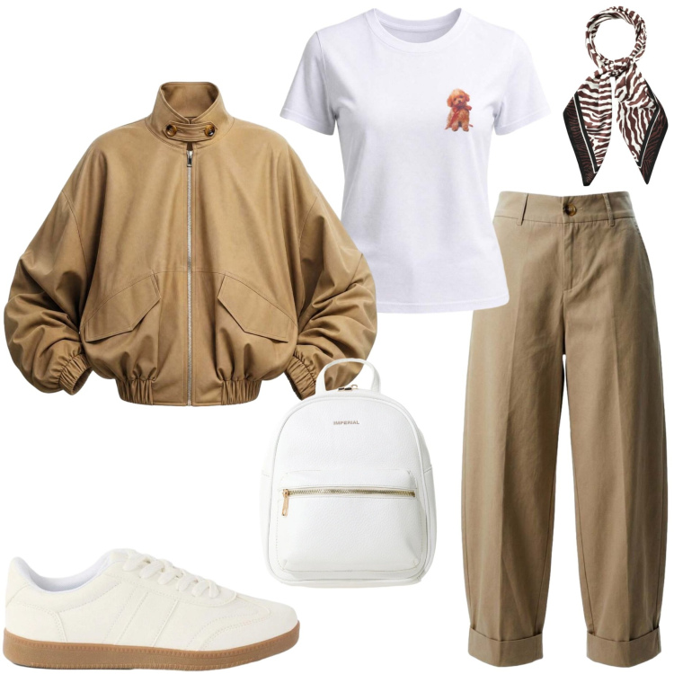Outfit donna - Spostarsi in scooter. Stile Casual per Tutti i giorni. Abbinamento con sneakers, foulard, pantaloni, t-shirt, bomber, zaini.