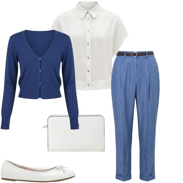 Outfit donna - Il fresco del mattino. Stile Casual chic per Tutti i giorni. Abbinamento con ballerine, borse a tracolla, pantaloni, cardigans, camicie a manica corta.