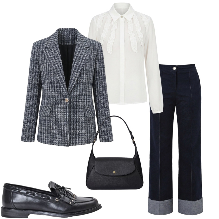 Outfit donna - New collection Rinascimento. Stile Casual chic per Tutti i giorni. Abbinamento con blazer, mocassini, camicie, pantaloni, borse a spalla.