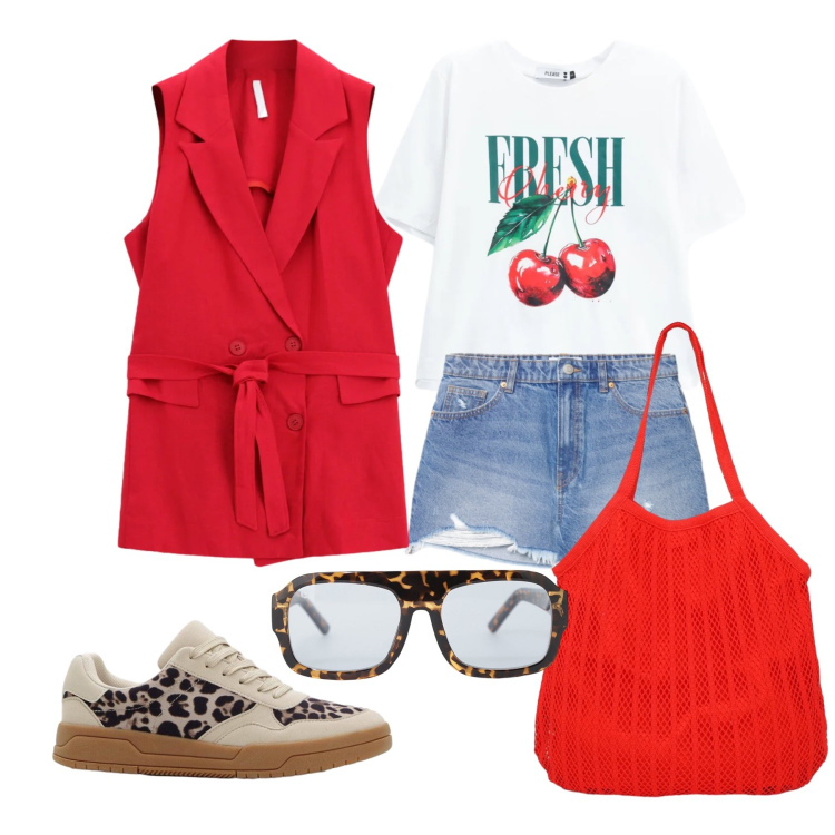 Outfit donna - Agosto. Stile Trendy per Tutti i giorni. Abbinamento con sneakers, gilet, occhiali da sole, shopping bag, shorts, t-shirt.