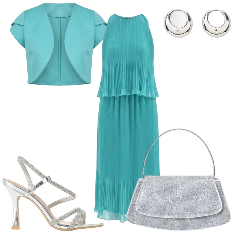 Outfit donna - Matrimonio in città. Stile Chic per Cerimonia. Abbinamento con orecchini, sandali col tacco, borse a spalla, vestiti midi/longuette, blazer.