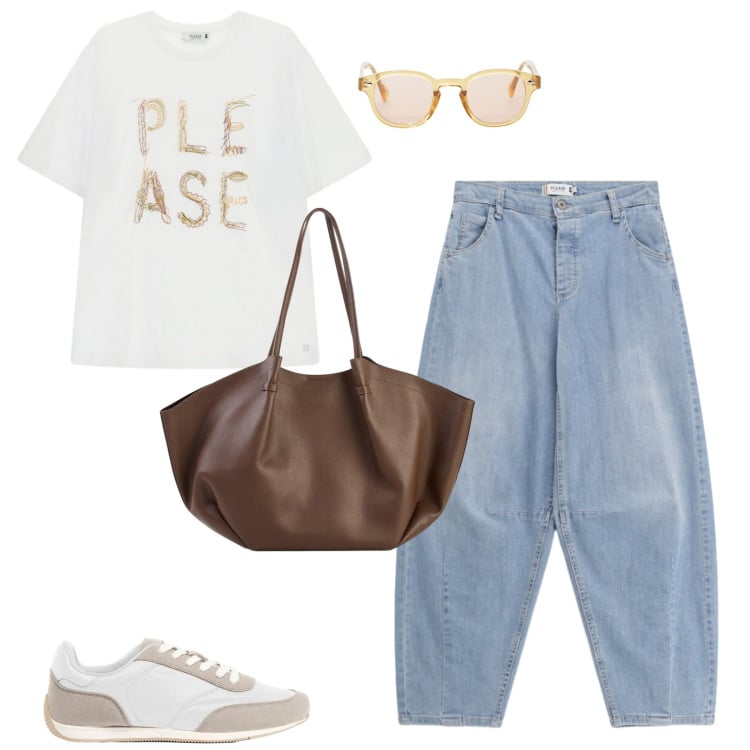 Outfit donna - Total look #2457035. Stile Casual per Tutti i giorni. Abbinamento con sneakers, shopping bag, occhiali da sole, jeans, t-shirt.