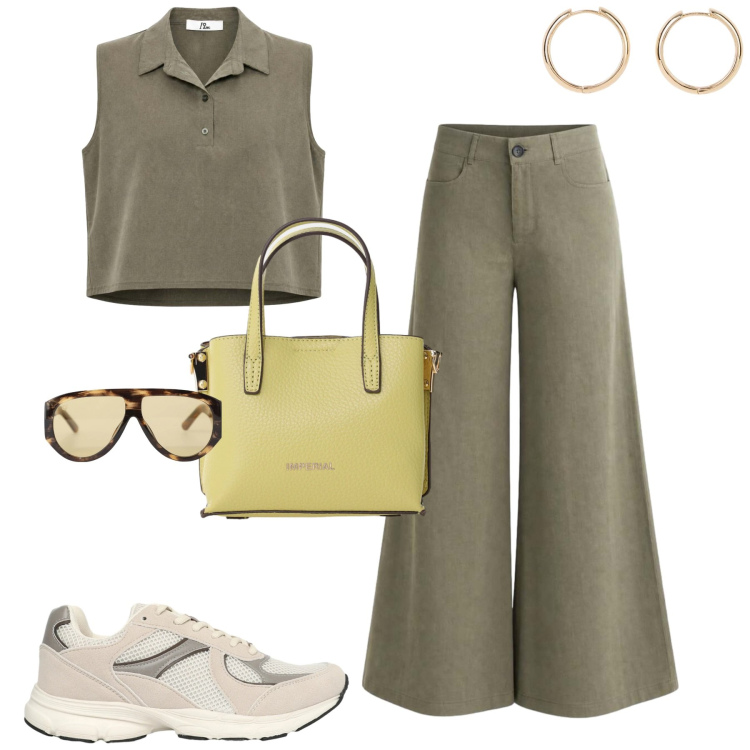 Outfit donna - Agosto. Stile Casual per Tutti i giorni. Abbinamento con orecchini, sneakers, top, pantaloni a palazzo, occhiali da sole, borse a tracolla.