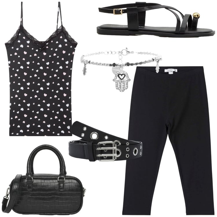 Outfit donna - Look da weekend in città. Stile Casual per Tutti i giorni. Abbinamento con sandali, leggings, cinture, top, borse a tracolla, braccialetti.