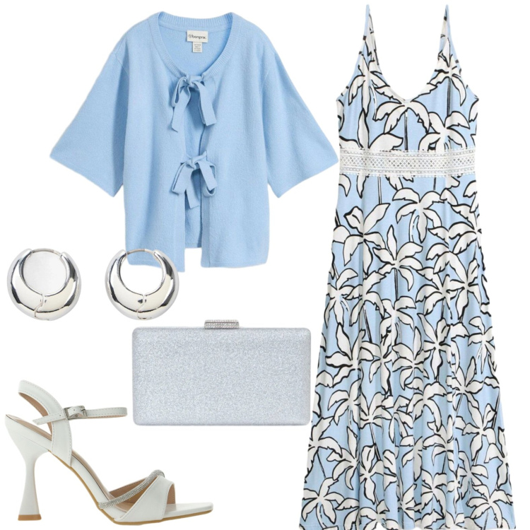 Outfit donna - Agosto. Stile Casual chic per Tutti i giorni. Abbinamento con cardigans, vestiti lunghi, orecchini, sandali gioiello, clutch.
