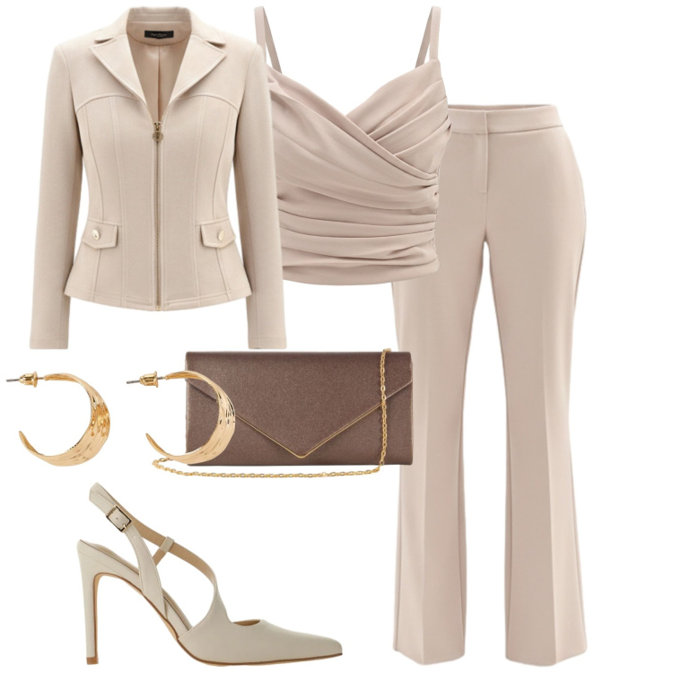 Outfit donna - City. Stile Chic per Tutti i giorni. Abbinamento con orecchini, décolleté, blazer, canottiere, clutch, pantaloni.