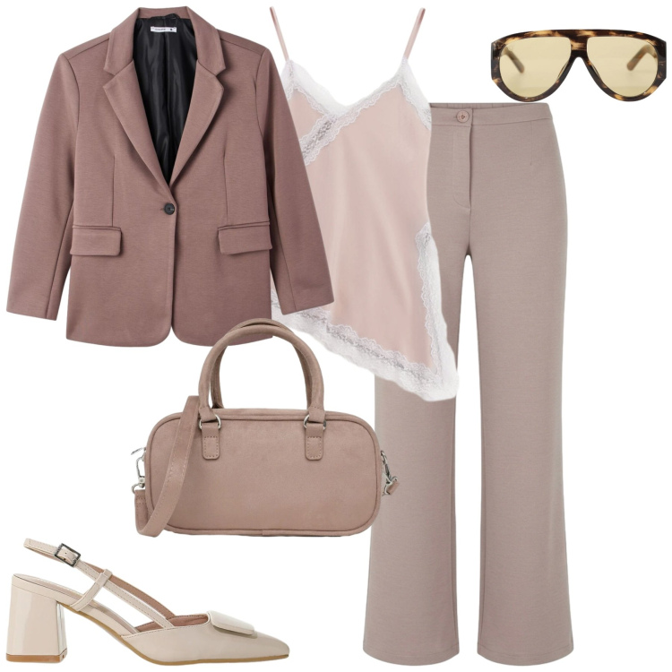 Outfit donna - City. Stile Urban per Tutti i giorni. Abbinamento con occhiali da sole, canottiere, décolleté, pantaloni, blazer, borse a tracolla.