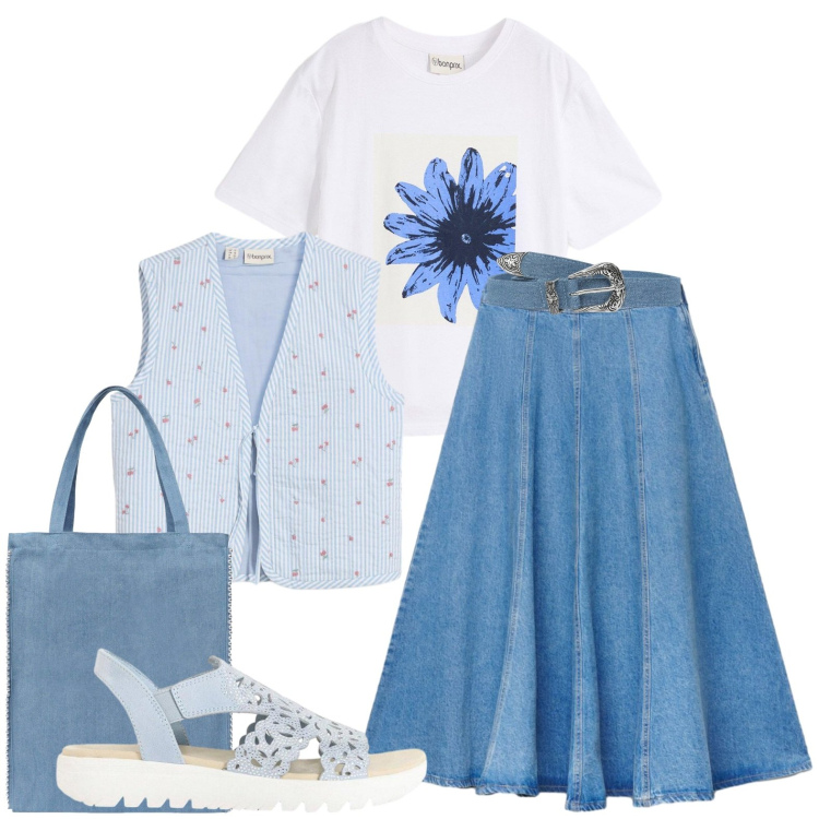 Outfit donna - A passeggio. Stile Casual per Tutti i giorni. Abbinamento con gilet, t-shirt, sandali col tacco, cinture, gonne lunghe, borse tote.