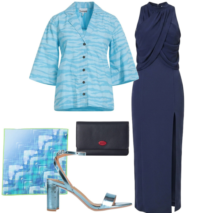 Outfit donna - Serata. Stile Chic per Serata fuori. Abbinamento con sciarpe, sandali in pelle, camicie a manica corta, portafogli, vestiti lunghi.
