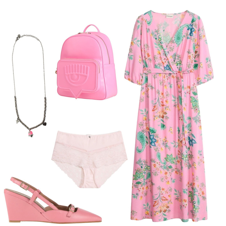 Outfit donna - Curvy. Stile Casual per Tutti i giorni. Abbinamento con zaini, décolleté, vestiti midi/longuette, culotte, ciondoli.