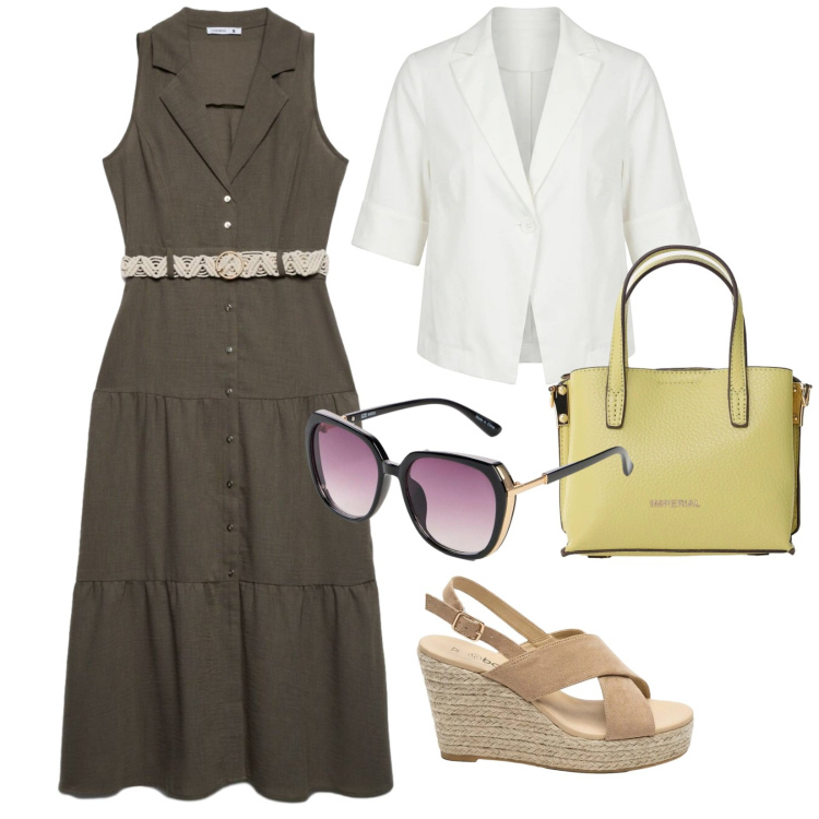 Outfit donna - Ultimi giorni d\'estate. per Tutti i giorni. Abbinamento con occhiali da sole, sandali col tacco, vestiti chemisier, borse a tracolla, blazer.