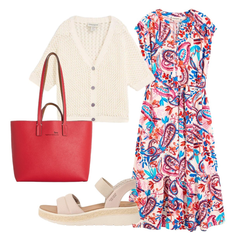 Outfit donna - Bonprix donna curvy. Stile Bon Ton per Ufficio. Abbinamento con vestiti chemisier, cardigans, sandali, shopping bag.