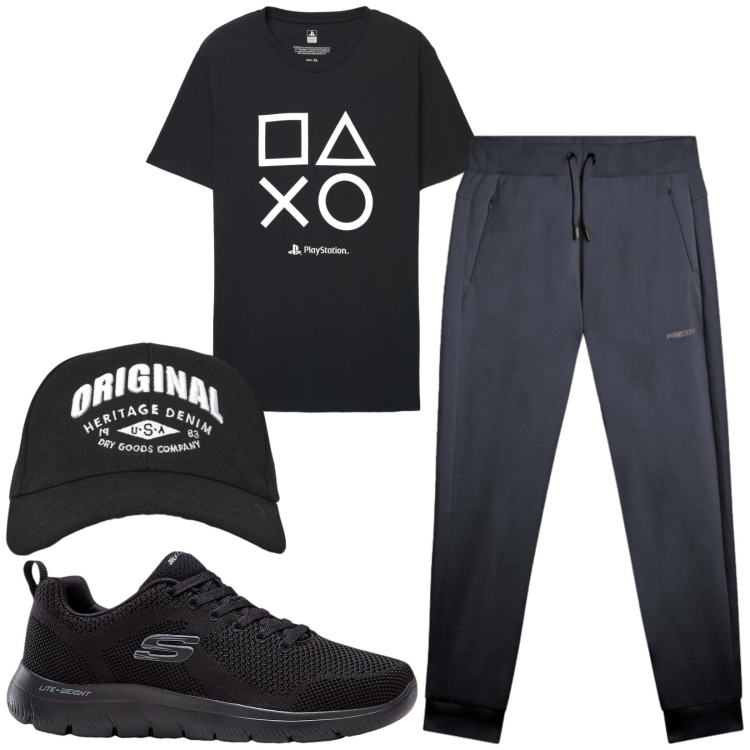 Outfit uomo - Total look #2457072. Stile Trendy per Sport. Abbinamento con sneakers, cappelli con visiera, t-shirt, pantaloni.