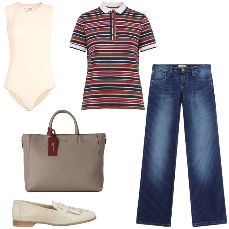 Outfit donna - Total look #2457077. Stile Casual per Tutti i giorni. Abbinamento con body, mocassini, jeans dritti, polo, borse a mano.