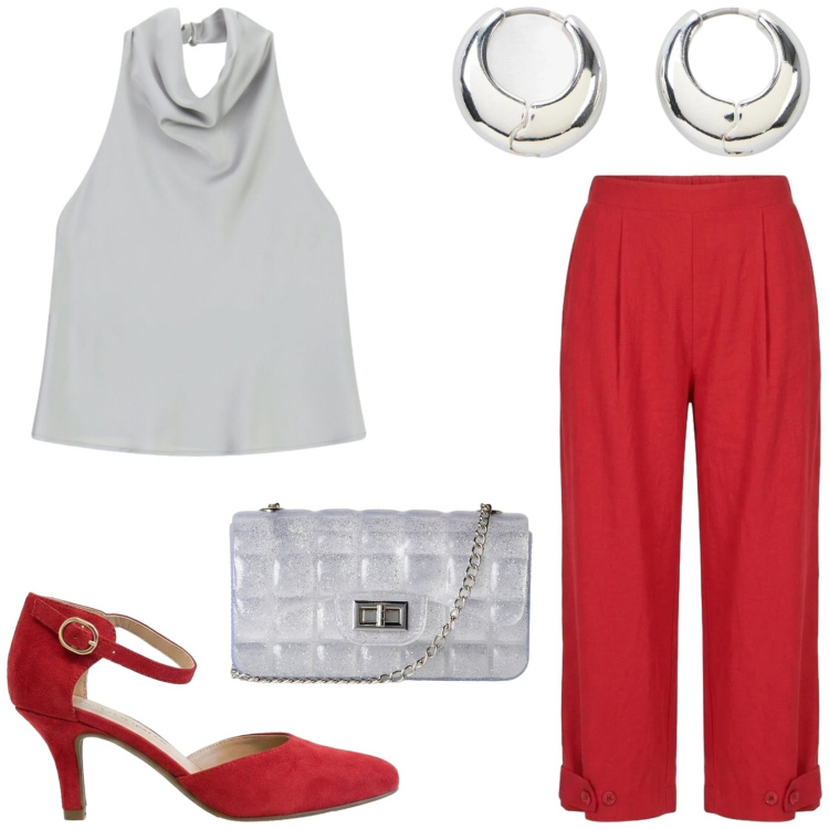 Outfit donna - Total look #2457080. Stile Chic per Serata fuori. Abbinamento con décolleté, orecchini, borse a tracolla, top, pantaloni.