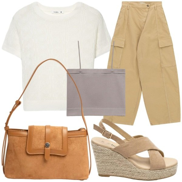 Outfit donna - semplice eleganza estiva. Stile Casual chic per Tutti i giorni. Abbinamento con sandali col tacco, t-shirt, canottiere, pantaloni cargo, borse a tracolla.