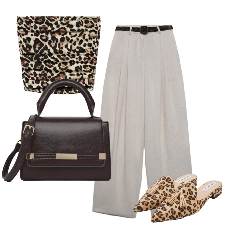 Outfit donna - Questo outfit lo porto in città. Stile Trendy per Tutti i giorni. Abbinamento con sabot, pantaloni, top, borse a tracolla.