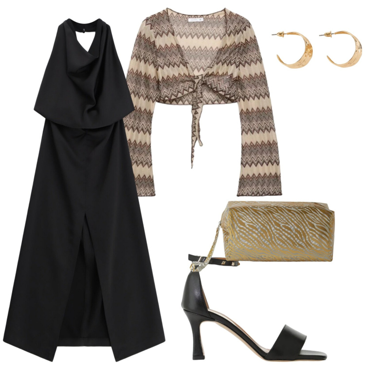 Outfit donna - Ultime serate estive. per Serata fuori. Abbinamento con orecchini, vestiti lunghi, sandali col tacco, blazer, valigie.