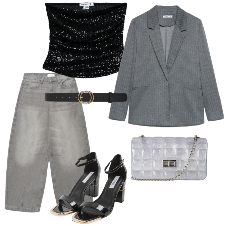 Outfit donna - Terranova Summer. per Serata fuori. Abbinamento con top, jeans, blazer, sabot, borse a tracolla, cinture.