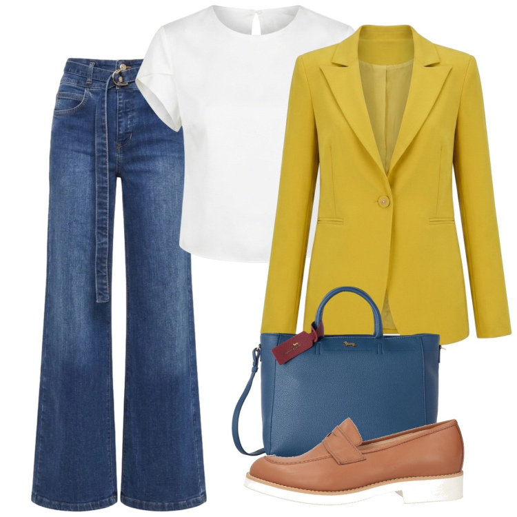 Outfit donna - Fine estate. Stile Bon Ton per Ufficio. Abbinamento con mocassini, borse a mano, jeans, t-shirt, blazer.