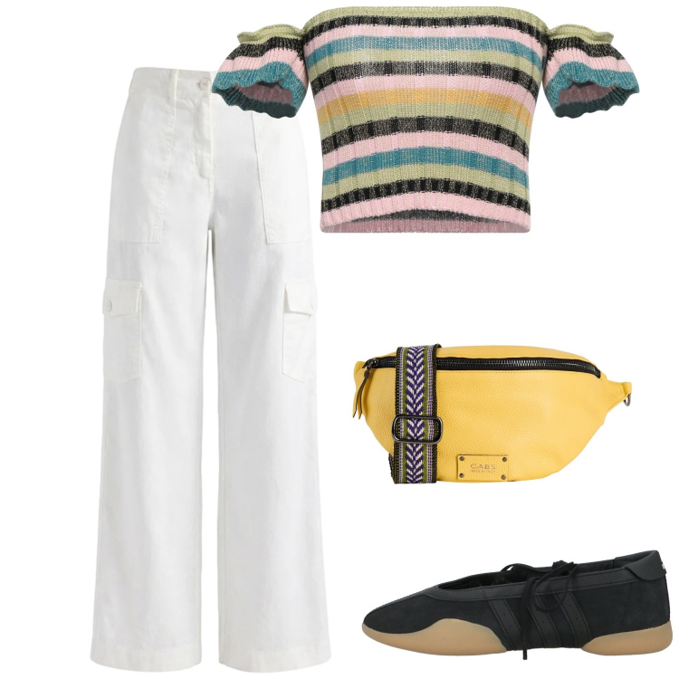 Outfit donna - Agosto. Stile Casual per Tutti i giorni. Abbinamento con top, marsupi, ballerine, pantaloni cargo.
