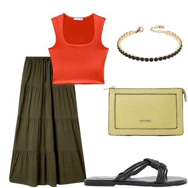 Outfit donna - Estate. Stile Casual per Tutti i giorni. Abbinamento con gonne lunghe, top, braccialetti, borse a tracolla, sandali.