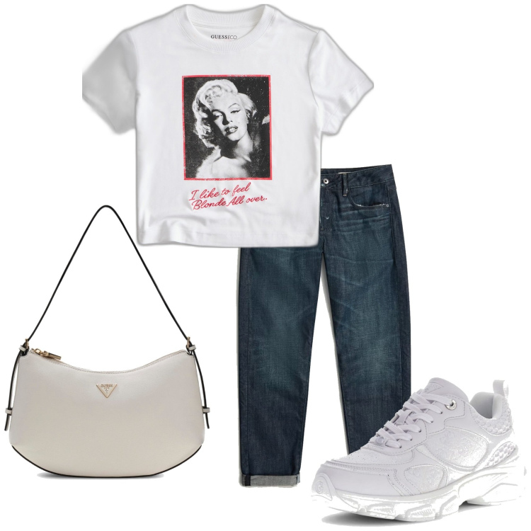 Outfit mujer - Basic look. Estilo Basic para Todos los días. Combinación con bolsos de hombro, sneakers, camiseta, vaqueros boyfriend.