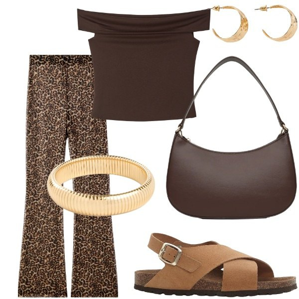 Outfit donna - Estate. Stile Casual chic per Serata fuori. Abbinamento con braccialetti, sandali in pelle, orecchini, pantaloni, top, borse a tracolla.